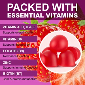 Gummies multivitaminés OEM ODM : favorisent le métabolisme normal des nutriments, aident à transformer les aliments en énergie, soutiennent la fonction immunitaire normale. - Product Image 3