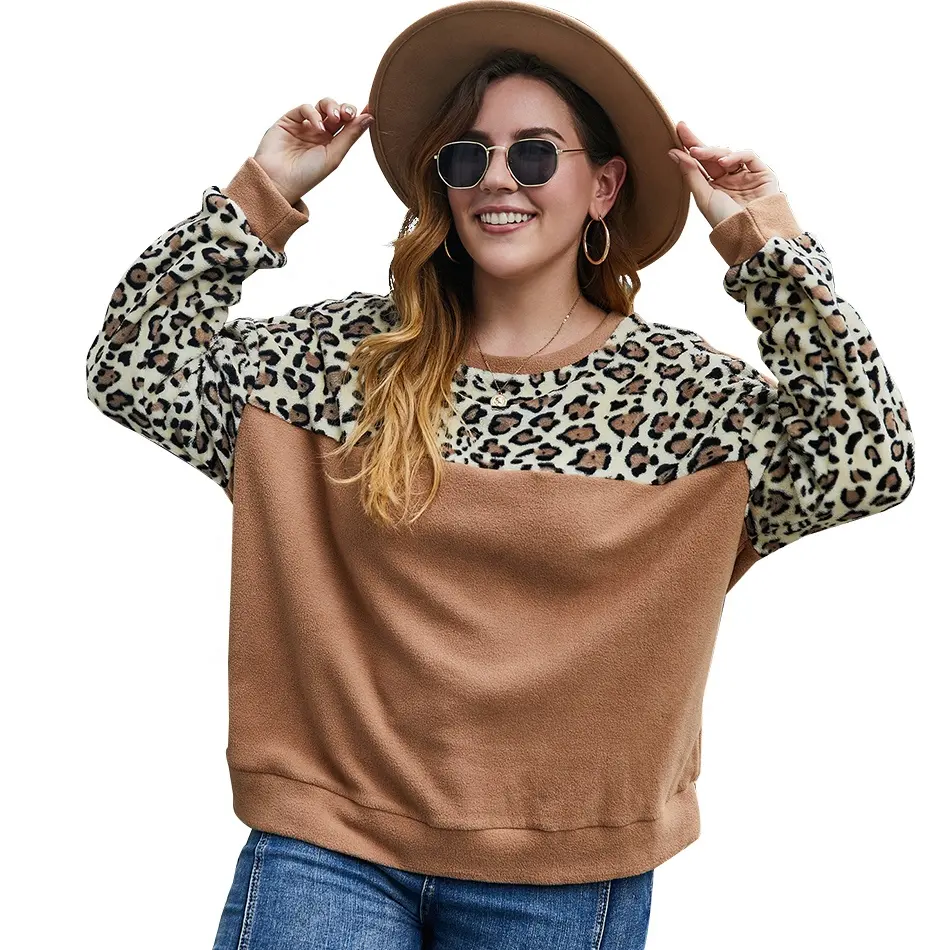 최신 디자인 겨울 양털 스웨터 여성 긴 소매 티셔츠 레오파드 컬러 블록 패치 워크 편안한 라운드 넥 블라우스 탑스