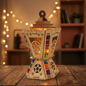 AA117 Lanterne carrée en bois égyptien faite à la main Zahereen, découpée au laser, ornée de bijoux, multicolore et clignotante, pour décorations religieuses du Ramadan - Product Image 2