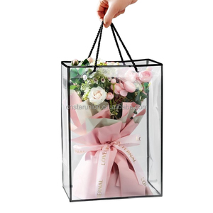 Logo tùy chỉnh rõ ràng nhựa túi hoa cầm tay có tay cầm cho thiết kế bó hoa màu hồng viền bao bì túi quà tặng (1 vòng quay - Product Image 2
