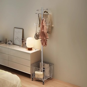 Modern Metal Coat Rack With Basket Space Saving Freestanding Design For Bedroom Entryway Living Room - Product Image 1