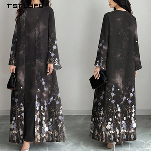 Women Black Floral Print Open Abaya Set Purple Blue Lavender <b>Sequin</b> <b>Flared</b> Sleeve Modest Muslim Elegant Two Piece Maxi Kimono - Product Image 3
