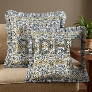 Ridhi Handmade Blue Floral <b>Ruffle</b> Cotton Western Style Hand Block Print Removable Washable Square Zipper Closure Throw Pillow - Product Image 3