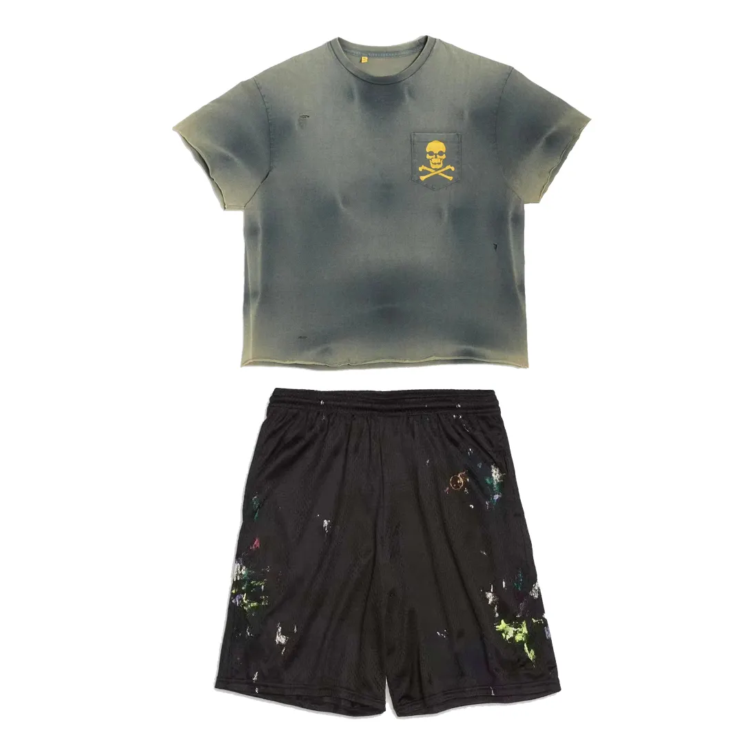 custom streetwear tracksuit cotton acid washed shorts hip-pop vintage summer jogger 2 piece shorts and t shirt set for men