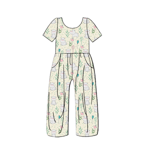 Combinaison à manches courtes et col rond pour filles en soie de lait, barboteuse à jambes larges pour tout-petits avec poches et imprimé intégral - Product Image 2