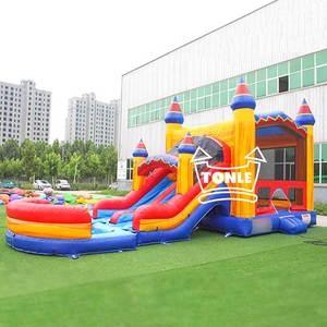 Thương mại cổ điển đầy màu sắc Bounce House <span class=keywords><strong>Inflatable</strong></span> <span class=keywords><strong>Combo</strong></span> với Dual Lane ướt khô trượt để bán - Product Image 2