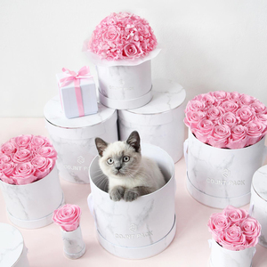 Feuille d'argent de luxe, grande boîte d'emballage de fleurs rondes en marbre avec mousse, boîte en papier Rose pour Bouquets