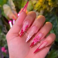 Ongles artificiels faits main en acrylique, à pression, couvrance totale, longs, forme Stiletto, motif pois rouge nude, fleur rose 3D, perles dorées, romantiques