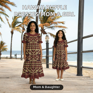 Vestidos de Verano Estilo Hawaiano de Último Diseño para Mujeres y Niñas, con Mangas con Volantes, de Poliéster, Estilo Tapa Fiji, Conjuntos a Juego para Madre e Hija - Product Image 1