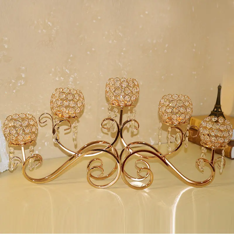 Candeliere di lusso in cristallo dorato a 5 braccia candelabro in metallo a forma di lampadario per decorazioni per centrotavola di compleanno di nozze