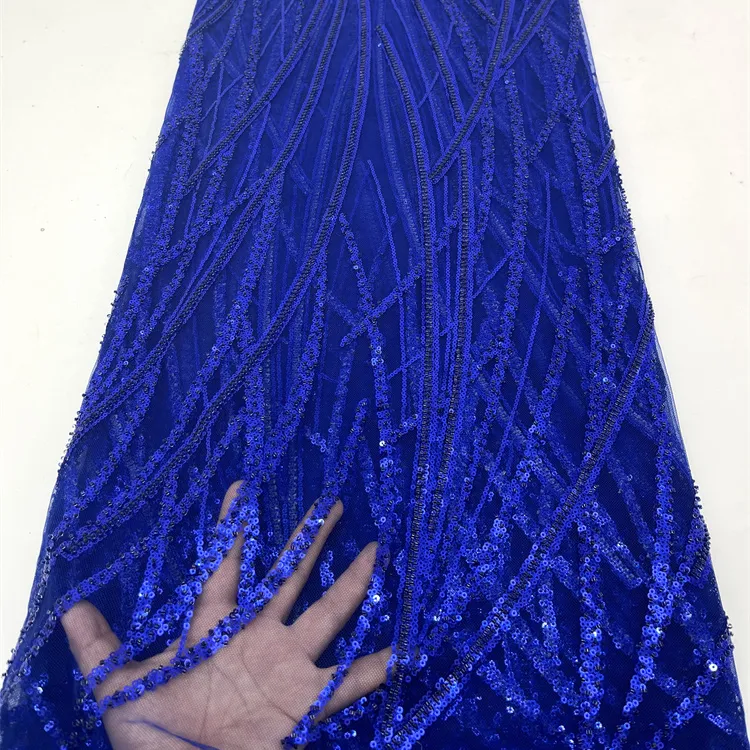 Kraliyet mavi gelin dantel payetli kumaş nakış boncuklu dantel kumaş Net tül düğün kumaşlar kadınlar için
