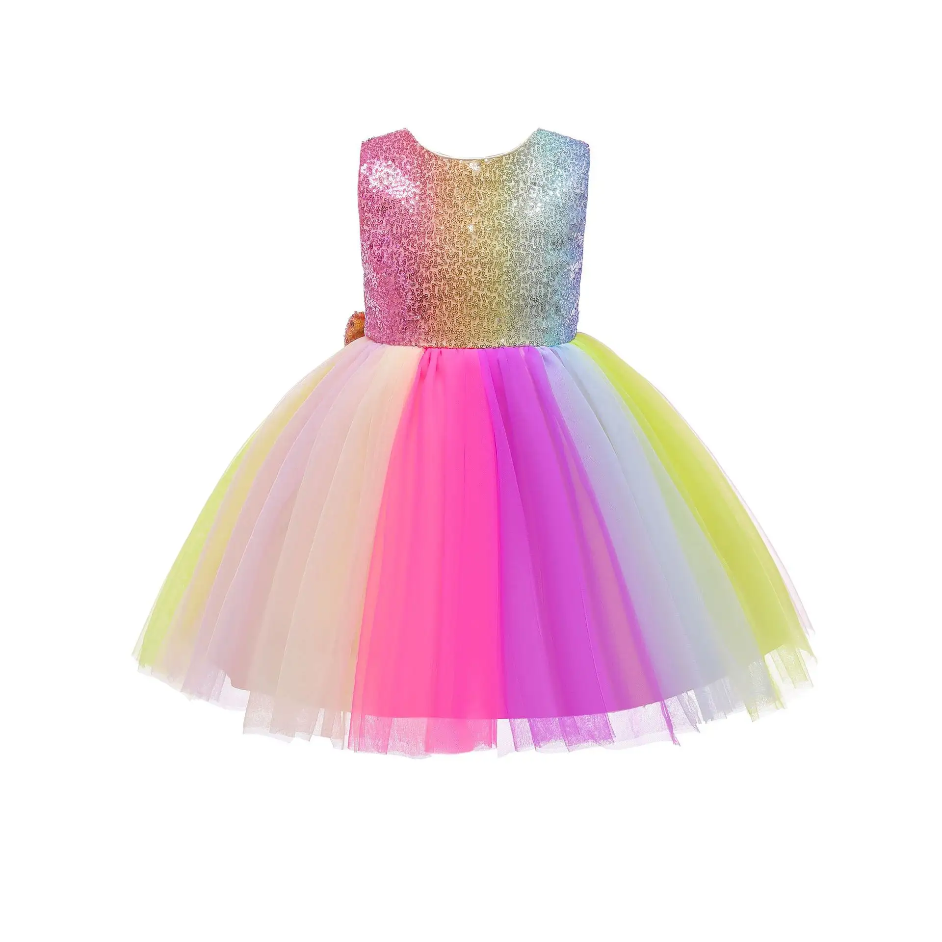 2023 ilkbahar yaz yeni gelenler çocuk elbise Tank Top yay gökkuşağı prenses elbise kız modeli piyano performans elbise