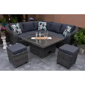 Geheel Handgemaakte Outdoor Rotan 7-zits Dining Set Tuin Ronde Rieten Sofa Set Met Lift Tafel