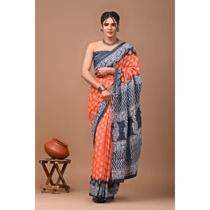 Sari de Algodón Mulmul Estampado con Blusa a Juego, Sari de Algodón Mulmul Ligero y Elegante - Cómodo para Uso Diario - Product Image 6