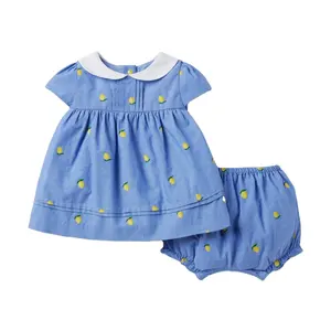 Latest Summer Girl Dress with Peter-Pan Collar Blue Gathering Designs Matching Bloomer Sets for Children Age Group