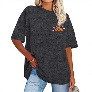 T-shirt décontracté pour femme en jersey de coton gris à col rond et manches courtes, coupe ample, imprimé, respirant, printemps-été - Product Image 1