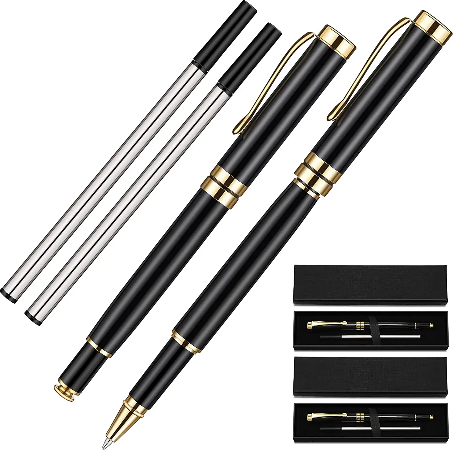 High quality black and gold metal roller pen set gift business adult metal pen in black box packaging black ink 0.5mm
