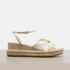 Sandales à talons compensés hauts pour femmes, en matériaux tressés fantaisie, à bout ouvert, avec nœud, grande taille 45, chaussures à plateforme à coupe large - Product Image 4