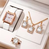 Nouvelle Arrivée LP12 Montre de Luxe Carrée à Cadran Romain avec Bracelet en Cuir, Ensemble Cinq Pièces de Bijoux Tendance pour Femmes et Filles