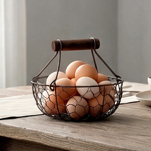 Rustic Wire Storage <b>Basket</b> With Wooden Handle Round Shape For Kitchen Use Durable Metal Mesh Design Single Tier Standalone Rack - Product Image 1