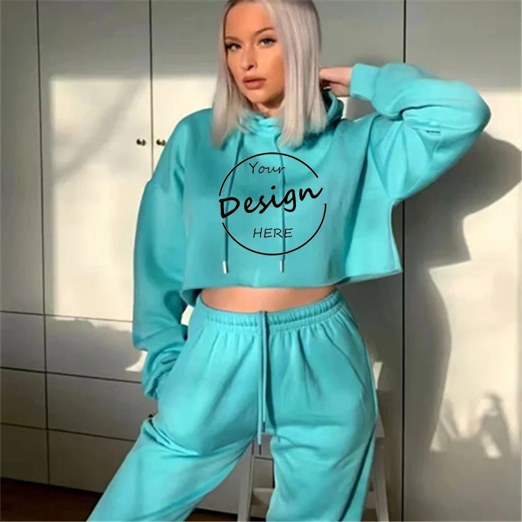custom women's cropped top hoodies set printed plain brown joggers sweatsuit ladies sweatpants and hoodie crop top 2 piece set