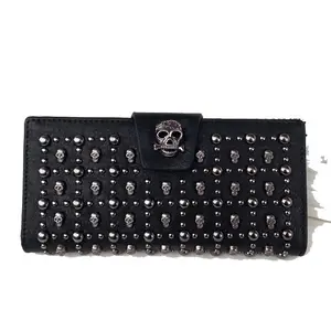 Women Black Long Skull Studded Purses PU Leather Card Holder Wallet