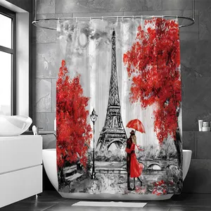 Red Deciduous Iron Tower Shower Curtain European And American Couple Bathroom Decoration With 12 Plastic Hooks