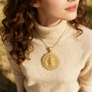 Perhiasan tembaga grosir perhiasan berlapis emas 14k liontin Mary perawan geometris berongga bulat relijius - Product Image 2