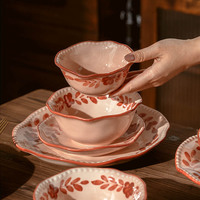 Service de table rétro en porcelaine chinoise 5 pièces ; Kit d'ustensiles de camping émaillés et compatibles micro-ondes, assiettes, bols, bols à riz, plats