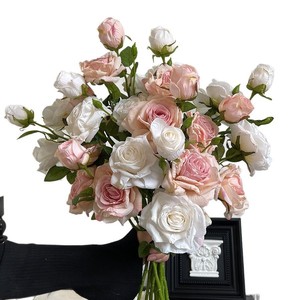 Bouquet de roses artificielles à 3 têtes, fleurs en soie à bords brûlés, blanc, rose, rouge, décoration de mariage, ornement de salon - Product Image 5