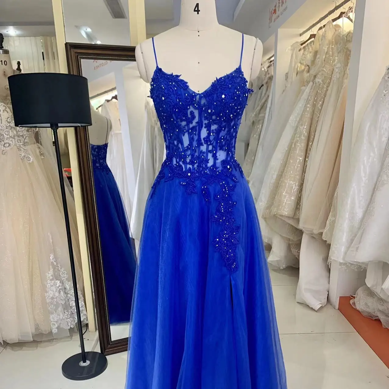 Royal Blue Fitted Corset Boning Bodice A Line Princess Skirt Sexy High Slit Prom Dress