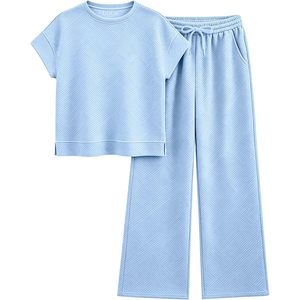 FOXA Womens Plus Size Sweatsuit 2 Piece Summer Short Sleeve <b>Tops</b> Wide Leg Pants Tracksuit Lounge Sets - Product Image 5
