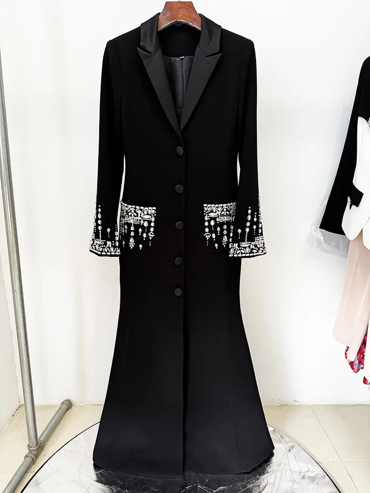 LS2427 Kimshein High Quality Blazer Dress Black Long Coat For Women Luxury Crystal Elegant Maxi Dress