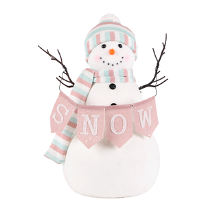 Cheery Pink Teal Snowman <b>Doll</b> Holding SNOW Flag Banner for Playful Candy-Themed Holiday Decor New - Product Image 1