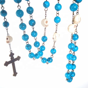 Trasporto Libero 8 millimetri Blu Turchese Croce <span class=keywords><strong>Con</strong></span> 10 millimetri Bianco Del Cranio Beads Madre Rosari Collane - Product Image 2