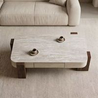 Table basse moderne réglable en travertin style Wabi-Sabi pour salon, petit appartement, rectangulaire, avec cadre en bois massif, simple