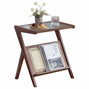 Rattan Side <b>Table</b> With Storage Glass Top Boho End <b>Table</b> For Small Space - Product Image 3