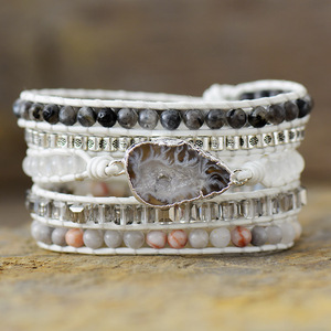White Cowhide Rope <b>Beaded</b> <b>Bracelet</b> 5 Strand Agate Stone Handwoven Unisex Jewelry Gift - Product Image 1