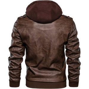 Veste en simili cuir pour homme personnalisée, marron, style motard, coupe-vent avec capuche amovible - Product Image 3