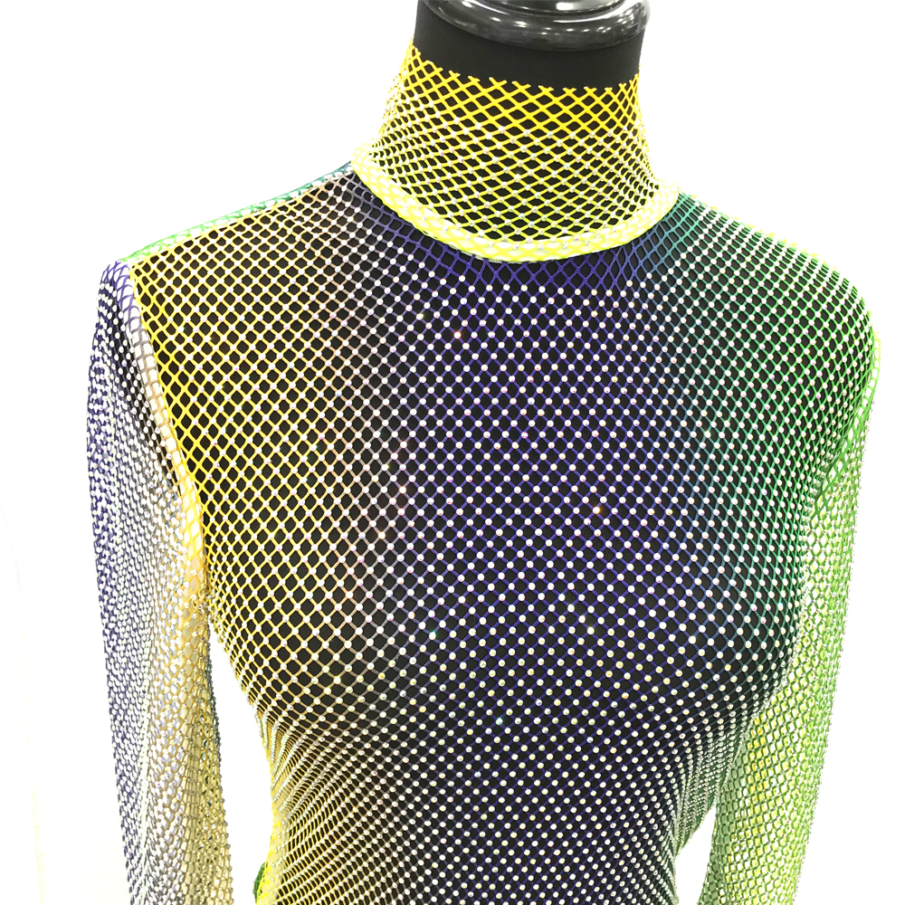 s336新款到货水钻鱼网网眼作物顶部网眼镂空透视水钻水晶网装礼服派对