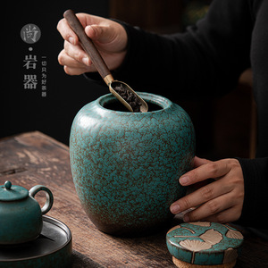 Recipiente de cerámica azul cielo esmaltado para té, tapa redonda de madera, frasco de almacenamiento hermético para té Pu'er - Product Image 2