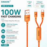 SAMZHE - Cable de Datos USB-A 2 en 1 Trenzado Naranja de 1.5m, PD100W 6A Tipo-C/L, Cable de Carga Rápida para iPhone 14/13/12/11, iPad, CarPlay
