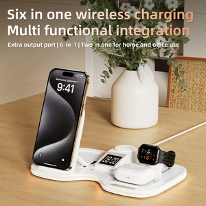 Station de charge sans fil magnétique pliable multifonctionnelle 6 en 1 pour <span class=keywords><strong>iPhone</strong></span>, montre intelligente, charge rapide 15W avec réveil lumineux - Product Image 4