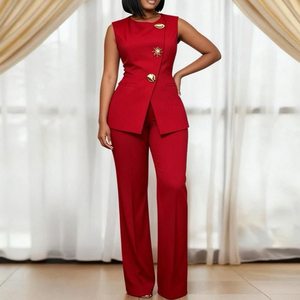 Ensemble tailleur-pantalon rouge élégant pour <span class=keywords><strong>femme</strong></span> – <span class=keywords><strong>Gilet</strong></span> <span class=keywords><strong>sans</strong></span> manches à col rond et pantalon, idéal pour les occasions formelles, les fêtes et le bureau - Product Image 1