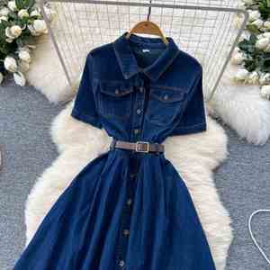 Vestido Midi Tipo Túnica Casual de Manga Corta con Cuello Vuelto, Tejido Transpirable, Lavable, Estilo Vintage, Sostenible, para Mujer, Corte Imperio - Product Image 2