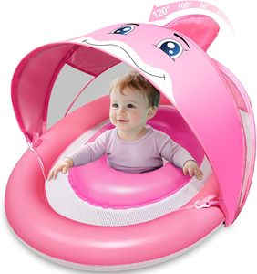 Bouée de piscine pour bébé en forme de dauphin rose avec auvent solaire réglable UPF50+ et deux chambres à air - Product Image 1