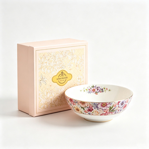 Vaisselle en céramique de luxe sur mesure, série florale Anna, bol de 9 pouces avec bord doré, coffret cadeau pour mariage. - Product Image 3