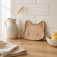 Assiette en bois de caoutchouc en forme de tête de chat mignonne faite à la main pour enfants et tout-petits, pour servir des collations, des fruits et des desserts, assiette en bois écologique
