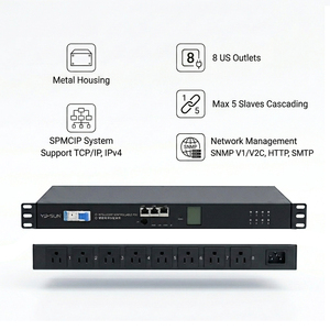 OEM ใหม่ 19" 1U ชุดจ่ายไฟ 8 ช่องแบบอเมริกัน พร้อมมิเตอร์ IP485 ควบคุมด้วย SPMCIP ตัวเรือนโลหะ RS485/HTTP - Product Image 1