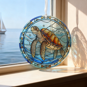 Turtle Suncatchers Stained Glass <b>Window</b> Hanging Turtle Ocean Suncatcher Glass <b>Panel</b> with Riband Hangings Marine Life Sun Catcher - Product Image 1